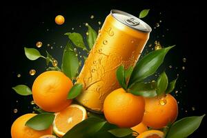 Orange soda can descends, surrounded by fresh oranges, leaves, and flying slices AI Generated photo