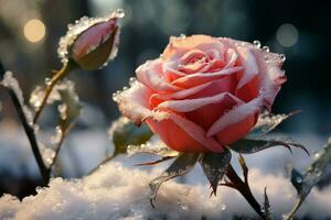 A romantically frozen red rose stands out against a snowy, magical background AI Generated photo