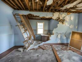 abandoned empty room interior with large windows and broken ceiling. photo