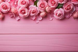 Elegant pink roses form a charming frame against a pink wooden backdrop AI Generated photo