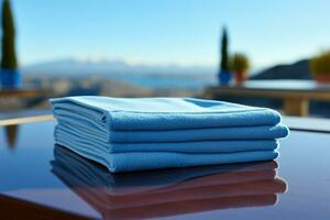 armonioso matices azul toallita en mesa en contra azul cielo calma y unificado ai generado foto