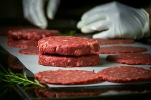 Skilled butchers craft and process succulent hamburger patties with precision and expertise AI Generated photo
