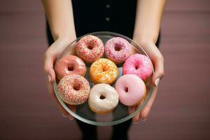 equilibrio Actuar escamas, rosquillas en mujeres manos, parte superior ver con Copiar espacio ai generado foto