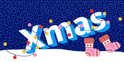 Navidad antecedentes con nieve y texto. vector ilustración de alegre Navidad saludo en plano estilo. tridimensional letras con nuevo años linternas