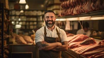 un masculino Carnicero en un tradicional carne comercio, en pie con orgullo en frente de de madera estantería cargado con un formación de crudo carne, generado por ai foto