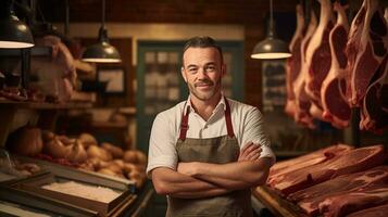 un masculino Carnicero en un tradicional carne comercio, en pie con orgullo en frente de de madera estantería cargado con un formación de crudo carne, ai generado foto