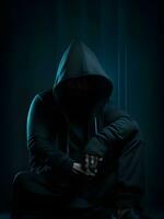 close up hacker in black hoodie in dark room photo