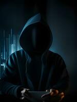 close up hacker in black hoodie in dark room photo