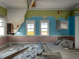 abandoned empty room interior with large windows and broken ceiling. photo