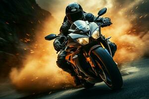Rider blazes a trail on a high  speed motorcycle, channeling its formidable power AI Generated photo