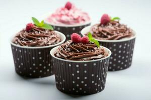 chocolate pasteles esmeradamente presentado en un taza en contra un prístino blanco fondo ai generado foto