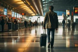 A businessman walks through the passenger departure terminal, carrying a suitcase from behind AI Generated photo