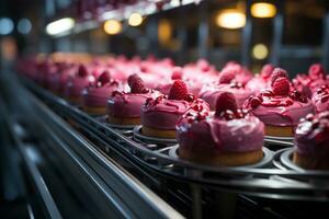 Conveyor belt smoothly transports delectable cakes in the bakery  AI Generated photo