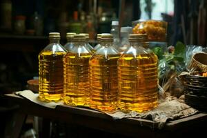 Amidst the vibrant street market, vendors showcase vegetable oil for sale AI Generated photo