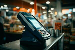 Operacional pos terminal en el comercio, listo para eficiente transacción Procesando. ai generado foto