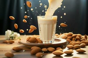 Almendras graciosamente bailar, cayendo dentro un Leche lleno taza en medio de asombroso paisaje ai generado foto