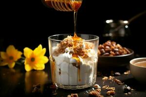 Muesli in glass with milk, drizzled with golden honey a nourishing treat AI Generated photo