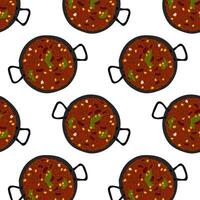 Seamless pattern of Chili con carne with beans, green and corn in cast iron pan. Flat lay. Isolate vector