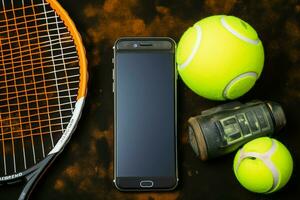 Tennis gear Racket, balls, and a mobile phone, ready for a match AI Generated photo