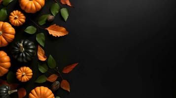 Thanksgiving and Autumn decoration concept made from autumn leaves and pumpkin on dark background, AI generated photo