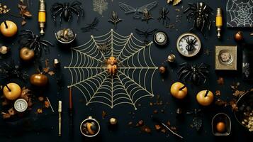 Halloween background with pumpkins spiderwebs skeletons, and spiders on a black background Flat lay top view copy space, AI generated photo