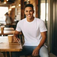 coffee shop, a young man sits at a table wearing a Bella canvas white t shirt mockup, AI generated photo