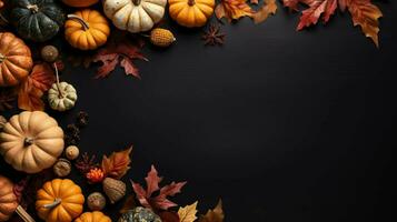 top view pumpkin, autumn leaves border background, AI generated photo