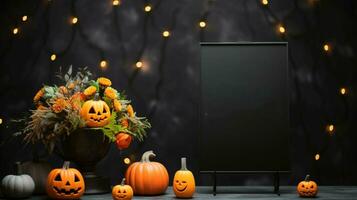 Halloween welcome signboard mockup with pumpkins and flowers. Blackboard with autumn holiday decoration, AI generated photo