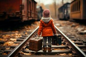 un pequeño explorador, maleta por su lado, camina junto a el encantador ferrocarril ai generado foto