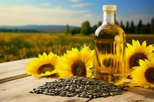 Sunflower oil bottle and seeds on a wooden table against a blooming field AI Generated photo