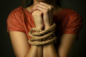 A womans hands bound by rope, symbolizing restraint and vulnerability AI Generated photo