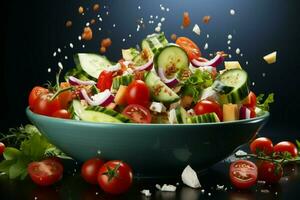 Elevated Greek salad bowl hovers against studio backdrop, fresh ingredients suspended AI Generated photo