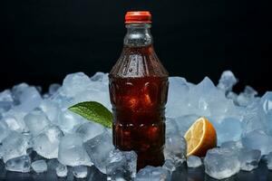 Bottle of fizzy carbonated beverage paired with ice for a cooling treat AI Generated photo