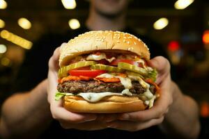 Close up Irresistible, mouthwatering burger clutched in a mans eager, meat loving hands AI Generated photo