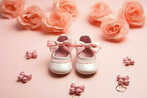 adorable bebé niña Zapatos con festivo acentos en contra un bonito rosado pared ai generado foto