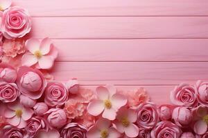 A frame of delicate pink roses graces a backdrop of pink wood AI Generated photo