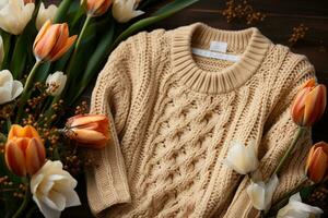 Top view Creative trendy flat lay with knitted sweater and fresh tulips AI Generated photo