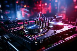 In the nightclub's vibrant atmosphere, pink DJ headphones accompany the sound mixer. AI Generated photo