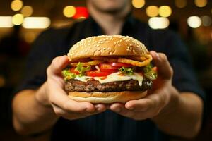 un tentador cerca arriba de un fornido hamburguesa agarrado por un mans hambriento manos ai generado foto