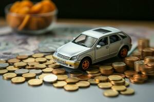 Calculating car costs White table hosts car model, coins, and calculator arrangement AI Generated photo