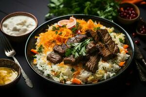 Savory presentation Rice, carrot, and lamb with yogurt salad, captured from above AI Generated photo