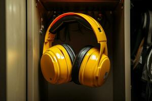 Headphones and hard hat seen together, front view, hanging neatly in closet. AI Generated photo