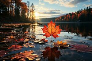 Tranquil forest lake maple leaf floats, vibrant autumn colors, mirrored sky  AI Generated photo