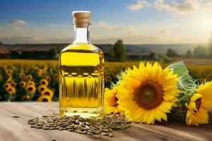 Sunflower oil bottle and seeds on a wooden table against a blooming field AI Generated photo