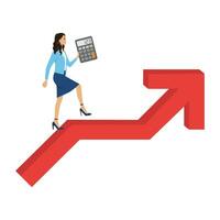 Businesswoman walking on arrow chart up holding calculator. vector