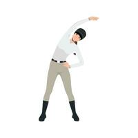 Beautiful female jockey. equestrian doing warm up for shoulder and body. vector