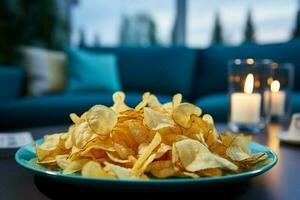 Close up of snack chips on a coffee table, within a serene, blue toned living space AI Generated photo