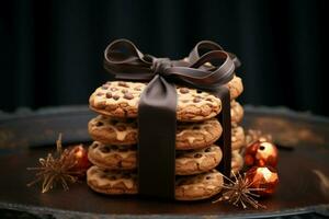 Dark ribbon adorns a front view display of scrumptious, beautifully presented cookies AI Generated photo