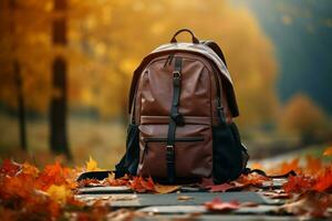 ai tecnología artesanía mochila y accesorios en contra un maravilloso otoño naturaleza fondo ai generado foto