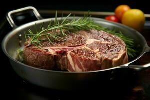 Angus steak leg piece, adorned with rosemary, awaits cooking in steel pan AI Generated photo